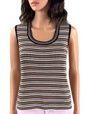 Industry Ribbed Stripe Knit Tank Top Brown Black White Scoop Neck Minimalist